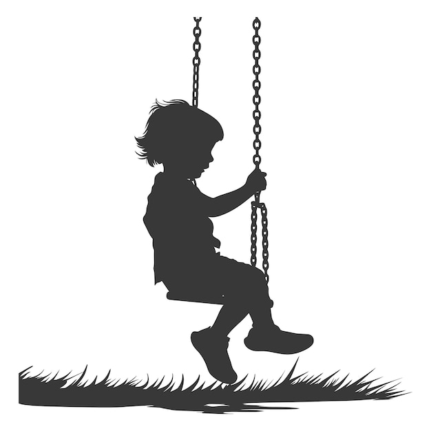 Silhouette little boy playing swing in the playground black color only