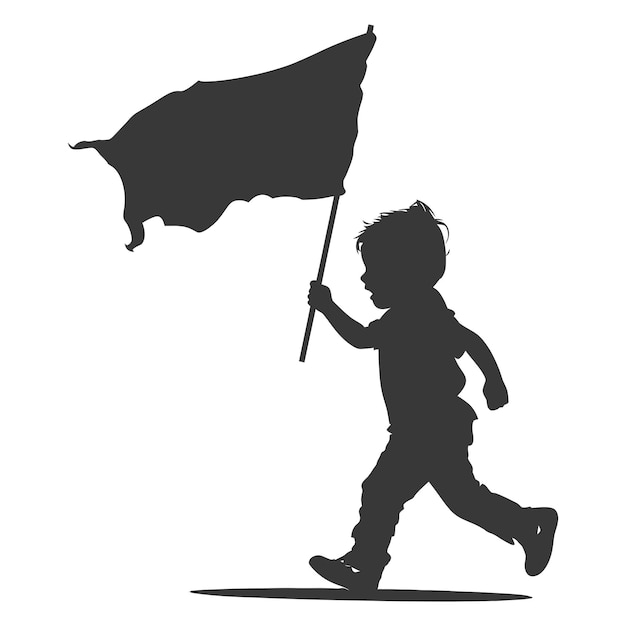 Silhouette little boy ran while carrying a plain black flag