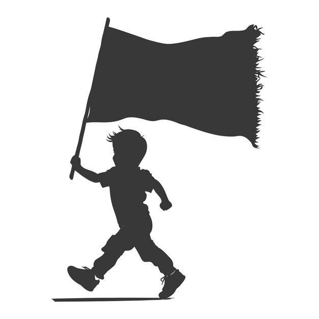 Silhouette little boy ran while carrying a plain black flag