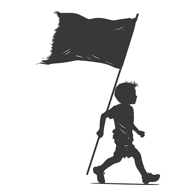 シンプルな黒い旗を背負って走ったシルエットの小さな男の子