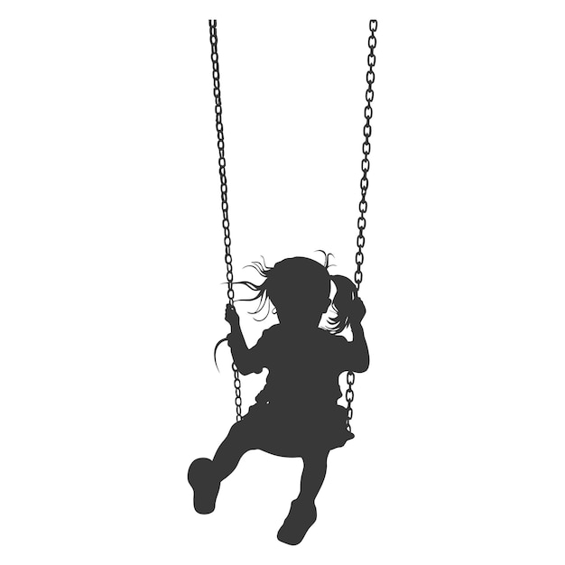 Силуэт маленькой девочки играет в свинг на детской площадке только черный цвет