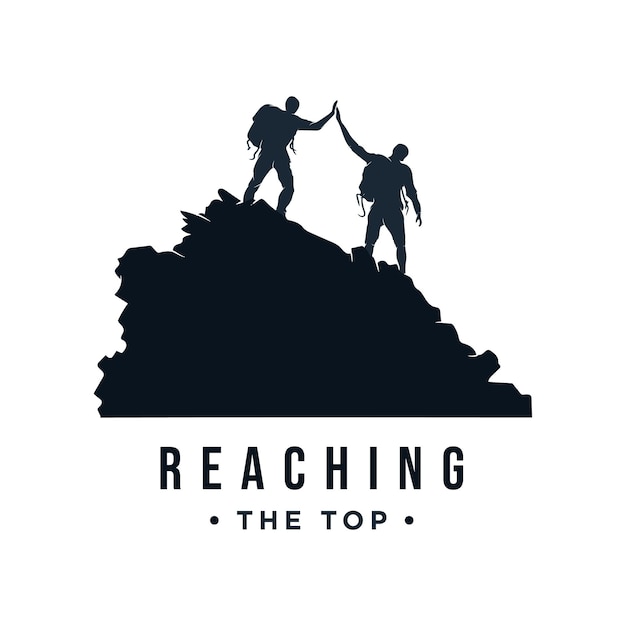 Vector silhouette logo of together reaching the top of mountain peak teamwork achievement vector concept