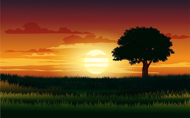 Vector silhouette of lonely tree at sunset