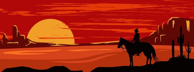 Vector silhouette of lonesome cowboy riding horse at sunset vector illustration