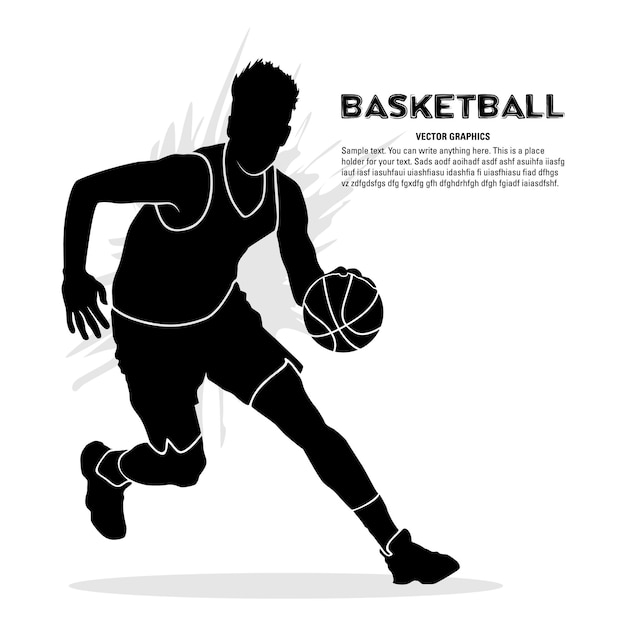 Silhouette of male basketball player running with ball isolated on white background