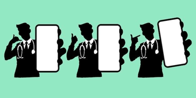 Vector silhouette of male doctors holding a mobile phone