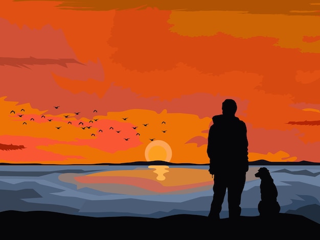 Silhouette di un uomo e un cane in piedi sulle rocce in riva al mare con il tramonto sullo sfondo