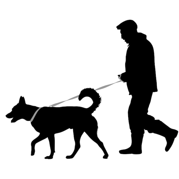 Vector silhouette of man and dog on a white background