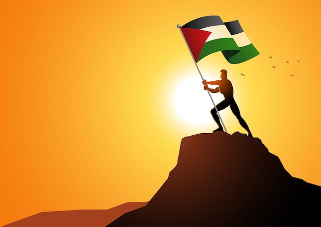 Silhouette of man figure holding the flag of Palestine on top of a mountain