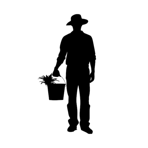 Silhouette of man gardening gardener isolated on white background man with plants flower care house