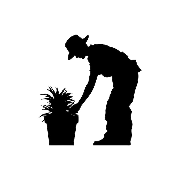 Vettore silhouette di un uomo in giardino giardiniere isolato su sfondo bianco uomo con piante casa di cura dei fiori