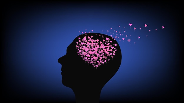 Silhouette of man head in profile with brain in form of heart from flying balloons on blue background Romance concept