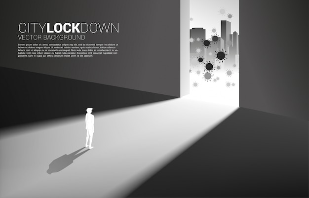 Vector silhouette of man lock down inside building from virus outside . concept of city lock down social distancing and isolation.