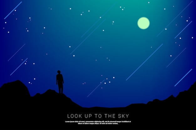 Vector silhouette man look up to the sky in starry night