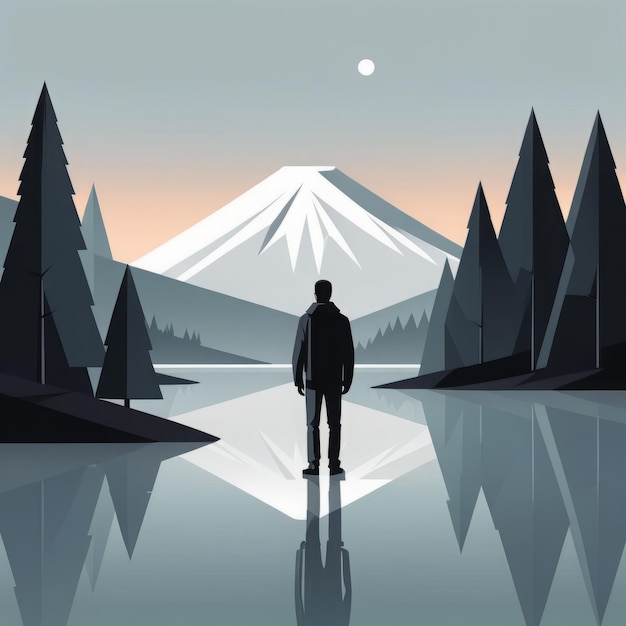 Vector silhouette of man in a mountain landscape silhouette of man in a mountain landscape man standin