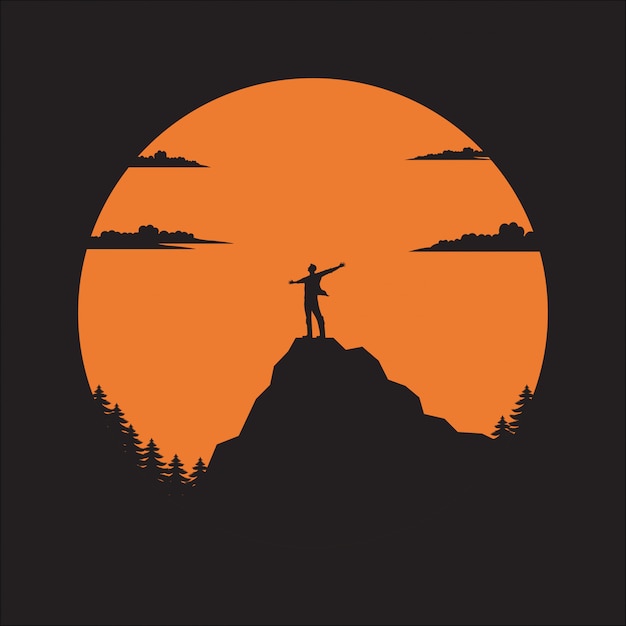 Vector silhouette the man of mountain on the sun