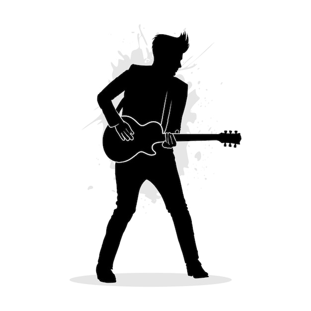 Silhouette of man playing guitar isolated on white background