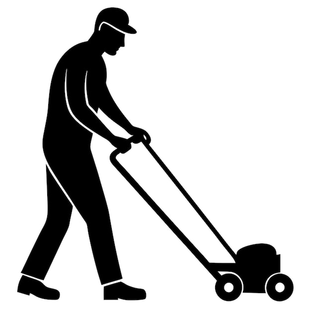 a silhouette of a man pushing a lawnmower