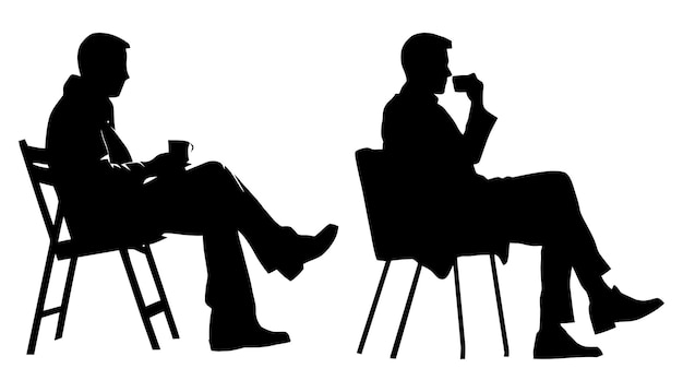 Vector silhouette of man sits relaxed in chair holding cup and drinking side view