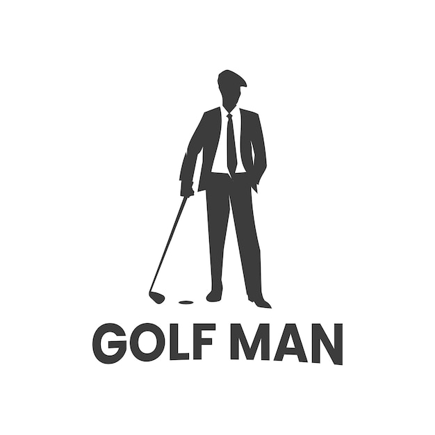 Силуэт человека, стоящего небрежно держащего гольф-клуб в деловом костюме. Шаблон логотипа гольфа.