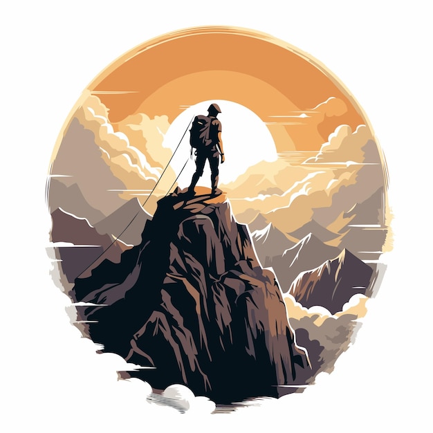 Silhouette of a man on top of a mountain Vector illustration