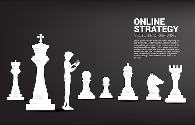 Silhouette of man using mobile phone with chess.