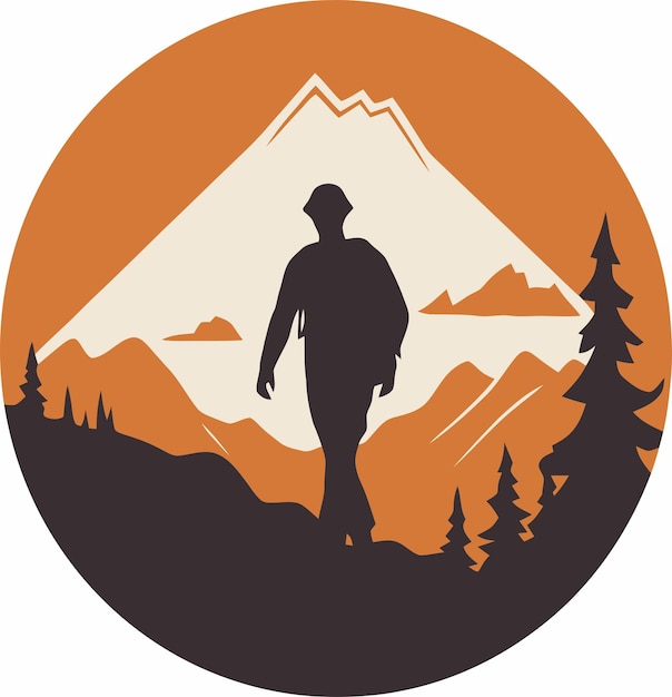 Vector silhouette of a man walking in front of a mountain with a mountain in the background.