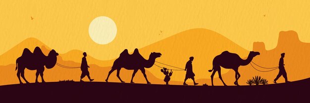 Vector silhouette of a man walking with a camel isolated in the evening night dawn desert background