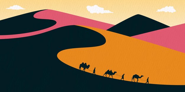 Silhouette of a man walking with a camel isolated in the evening night dawn desert background