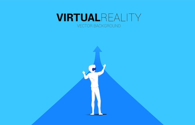 Silhouette man wear VR glasses on arrow Concept of digital virtual reality technology and AR