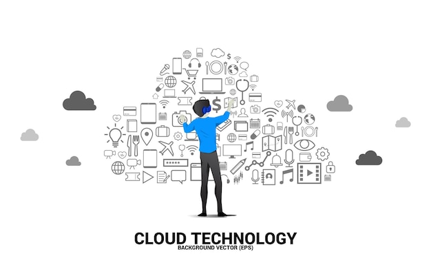 Vector silhouette man wear vr glasses and cloud computing network technology shaped with utility functional iconconcept of cloud server storage and data