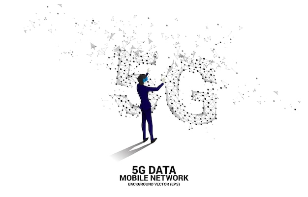 실루엣 남자 착용 VR 안경 다각형 점 연결 선 모양의 5G 모바일 네트워킹 디지털 가상 현실 기술 및 AR의 개념