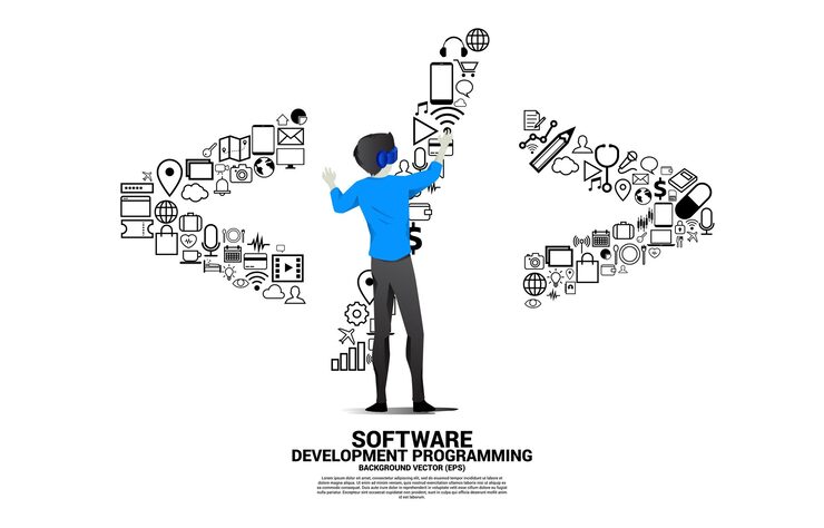 Vector silhouette man wear vr glasses and software development programming tag with functional utility icon concept for programming language technology and coding