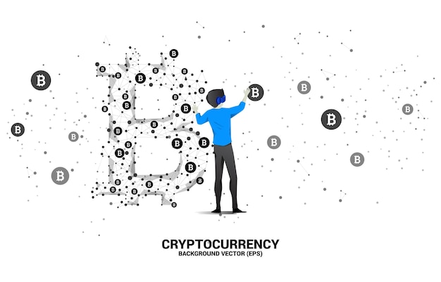 Vettore silhouette uomo indossa occhiali vr con icona bitcoin della linea polygon dot connect concetto per la tecnologia di criptovaluta e la connessione alla rete finanziaria