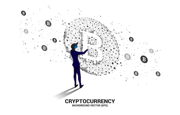 Вектор Силуэт человека в очках виртуальной реальности с иконкой биткойна из линии многоугольника. концепция технологии криптовалюты и подключения к финансовой сети.