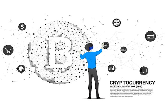 벡터 실루엣 남자는 암호화폐 기술 및 금융 네트워크 연결을 위한 폴리곤 도트 연결 라인 개념의 비트코인 아이콘이 있는 vr 안경을 착용합니다.