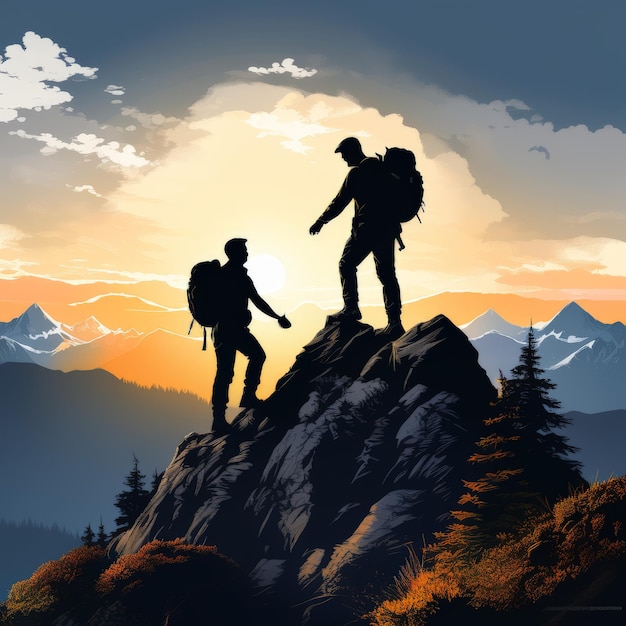 Vector silhouette of a man with backpack hiking in mountains at sunset silhouette of a man with backpa