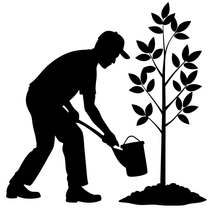 Vector a silhouette of a man with a bucket and a plant
