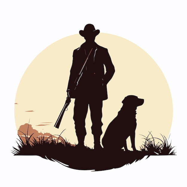 A silhouette of a man with a dog holding a gun