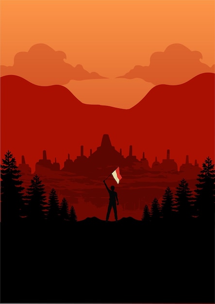 Vector silhouette of a man with an indonesian flag in the mountain vector illustration