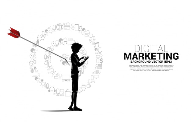 Silhouette man with mobile phone with point dartboard from marketing icon . Business Concept of marketing target and customer