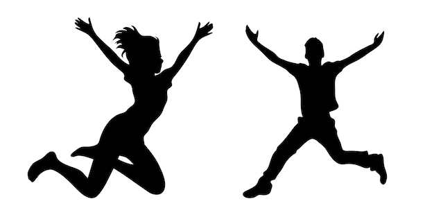 Silhouette of a man and a woman jumping on white background