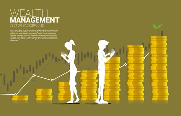 Silhouette of man and woman use mobile phone standing on top of growth graph with stack of coin concept of online investment and growth in business