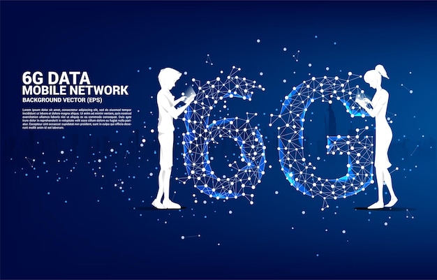 Silhouette of man and woman use mobile phone standing with Polygon dot connect line shaped 6G mobile network. Concept for mobile phone data technology.