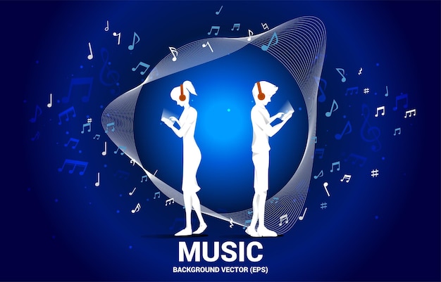 La silhouette di un uomo e di una donna usa il telefono cellulare con le cuffie e la melodia musicale nota il flusso di danza musica in streaming mobile di sfondo concettuale