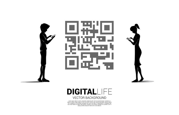 Vector silhouette man and woman using mobile phone standing with qr code. concept for e-commerce and retail shopping.