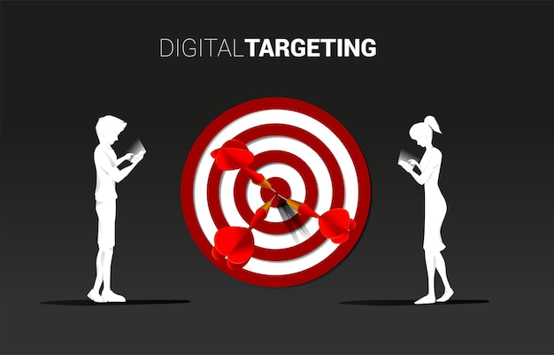 Silhouette man and woman with mobile phone with dartboard . Business Concept of online marketing target and customer