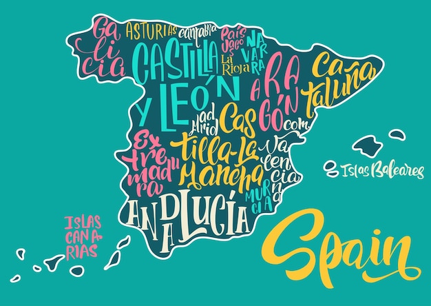 Silhouette of the map of Spain with hand-written names of regions, provinces - Catalonia, Andalusia, Galicia, etc. Handwritten lettering on the background of Spain map. Unique vector typography poster