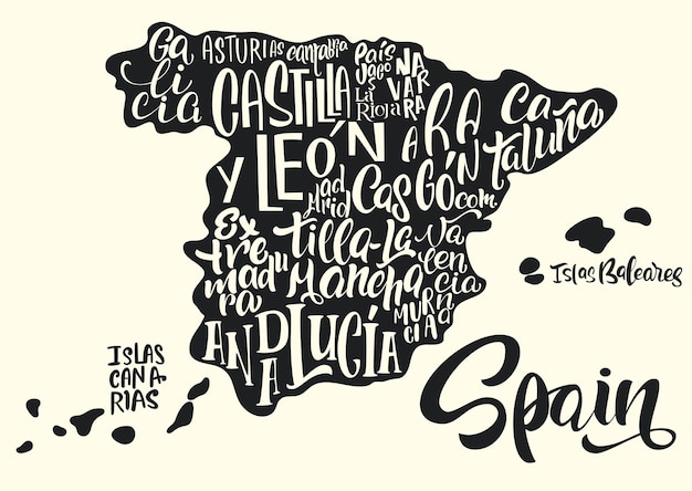 Vector silhouette of the map of spain with hand-written names of regions, provinces - catalonia, andalusia, galicia, etc. handwritten lettering on the background of spain map. unique vector typography poster