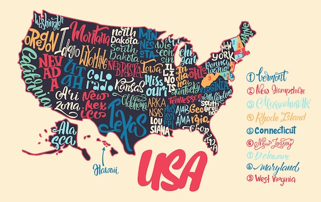 Silhouette of the map of USA with handwritten names of states  California Hawaii New York etc